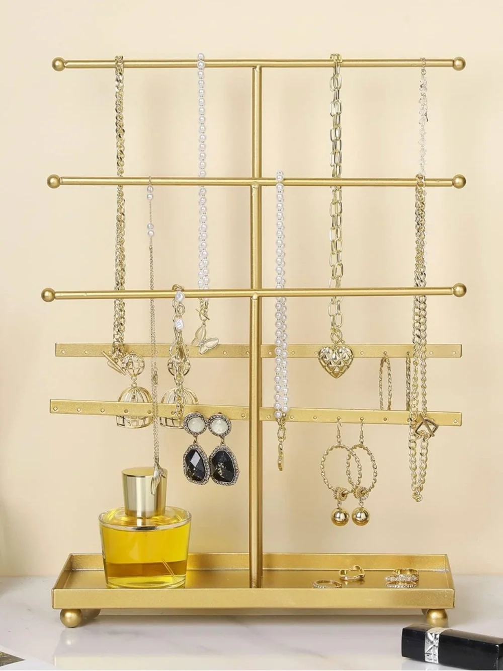 MyGift 5-Tier Gold Metal Jewelry Organizer Stand with Earring Hooks & Ring Tray